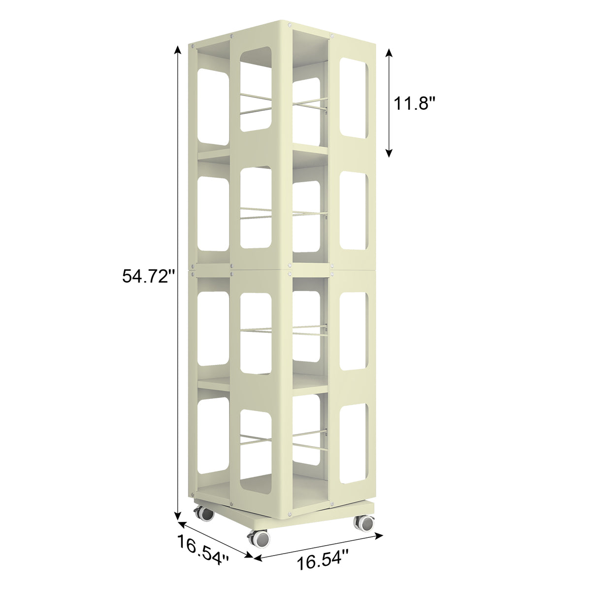 Kernel yellow rotating bookshelf showing dimensions