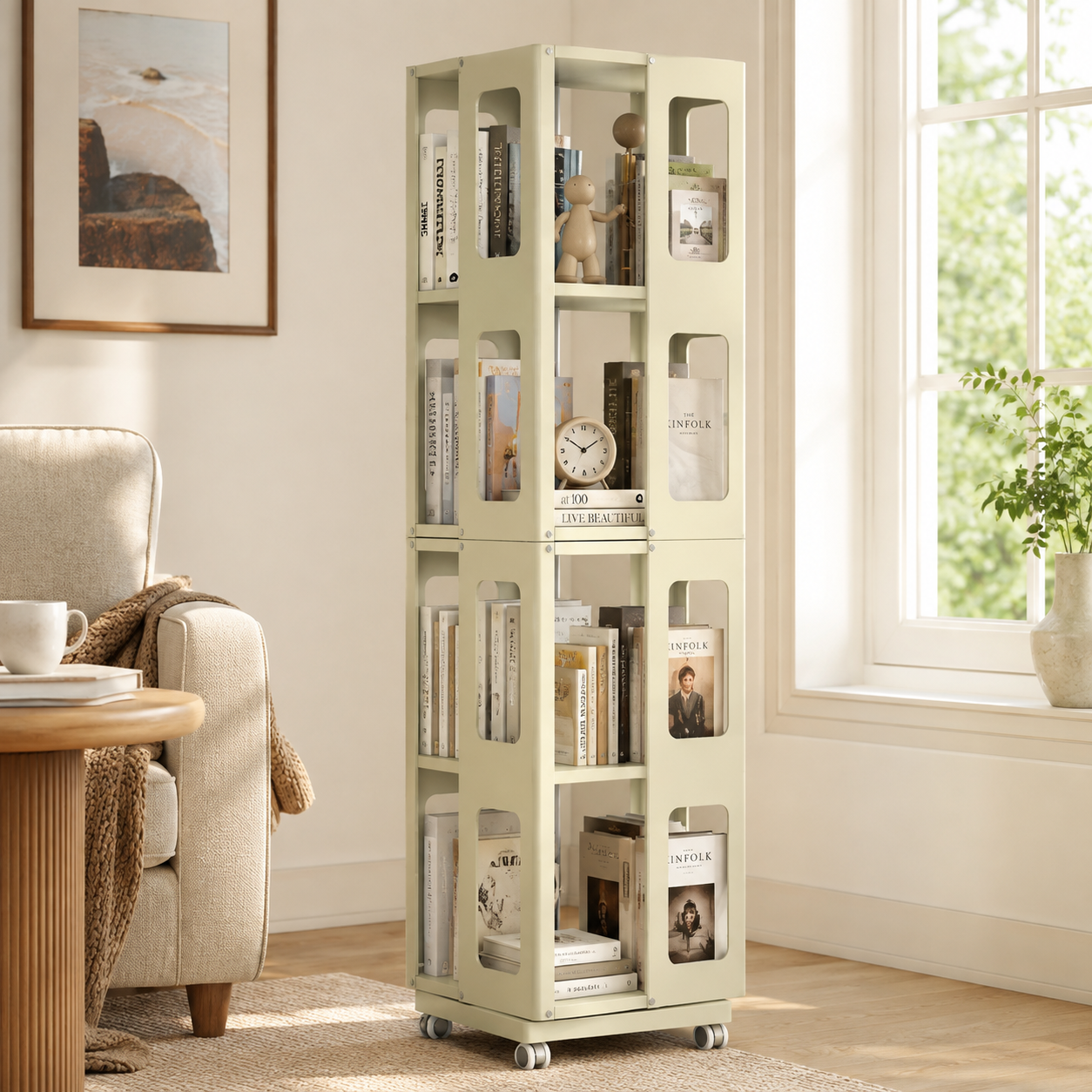 Kernel yellow rotating bookshelf showing four-tier book storage beside a window in a bright living room