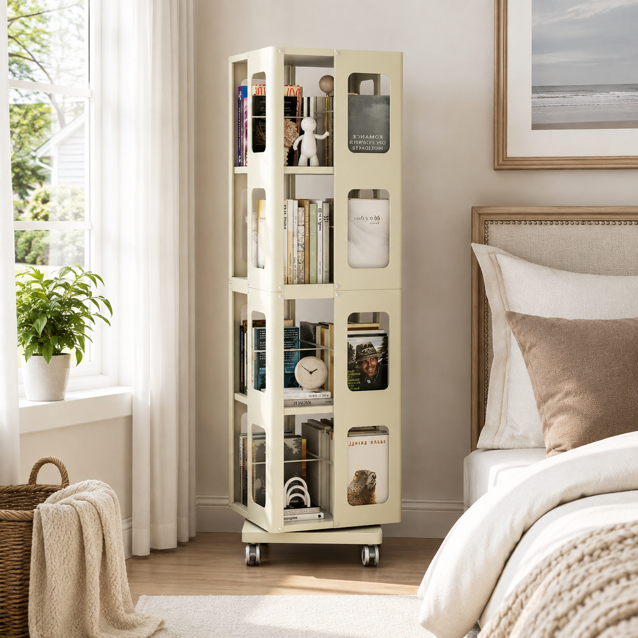 Kernel yellow rotating bookshelf showing organized book storage beside a bed in a bright bedroom