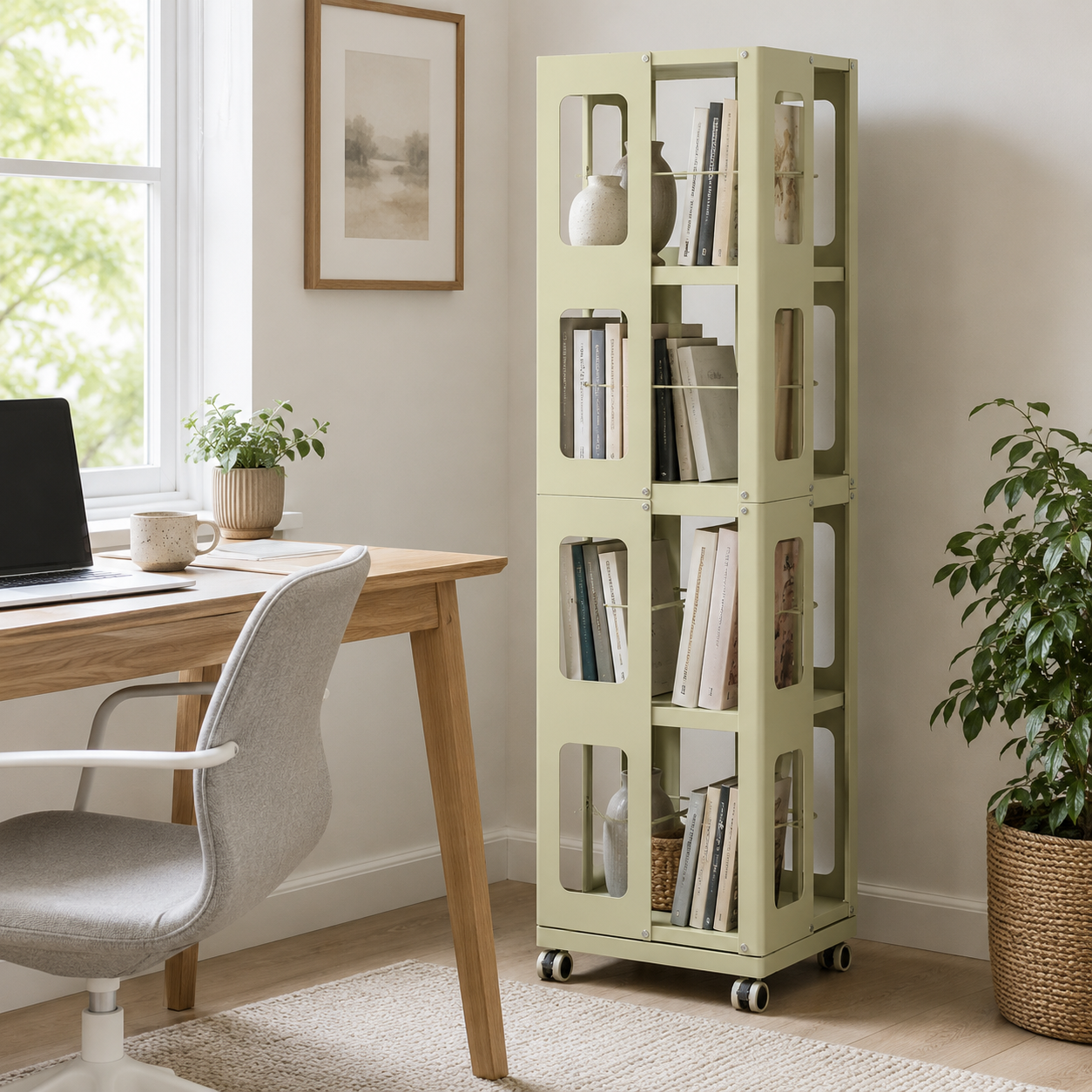Kernel yellow rotating bookshelf showing vertical storage beside a desk with framed wall decor