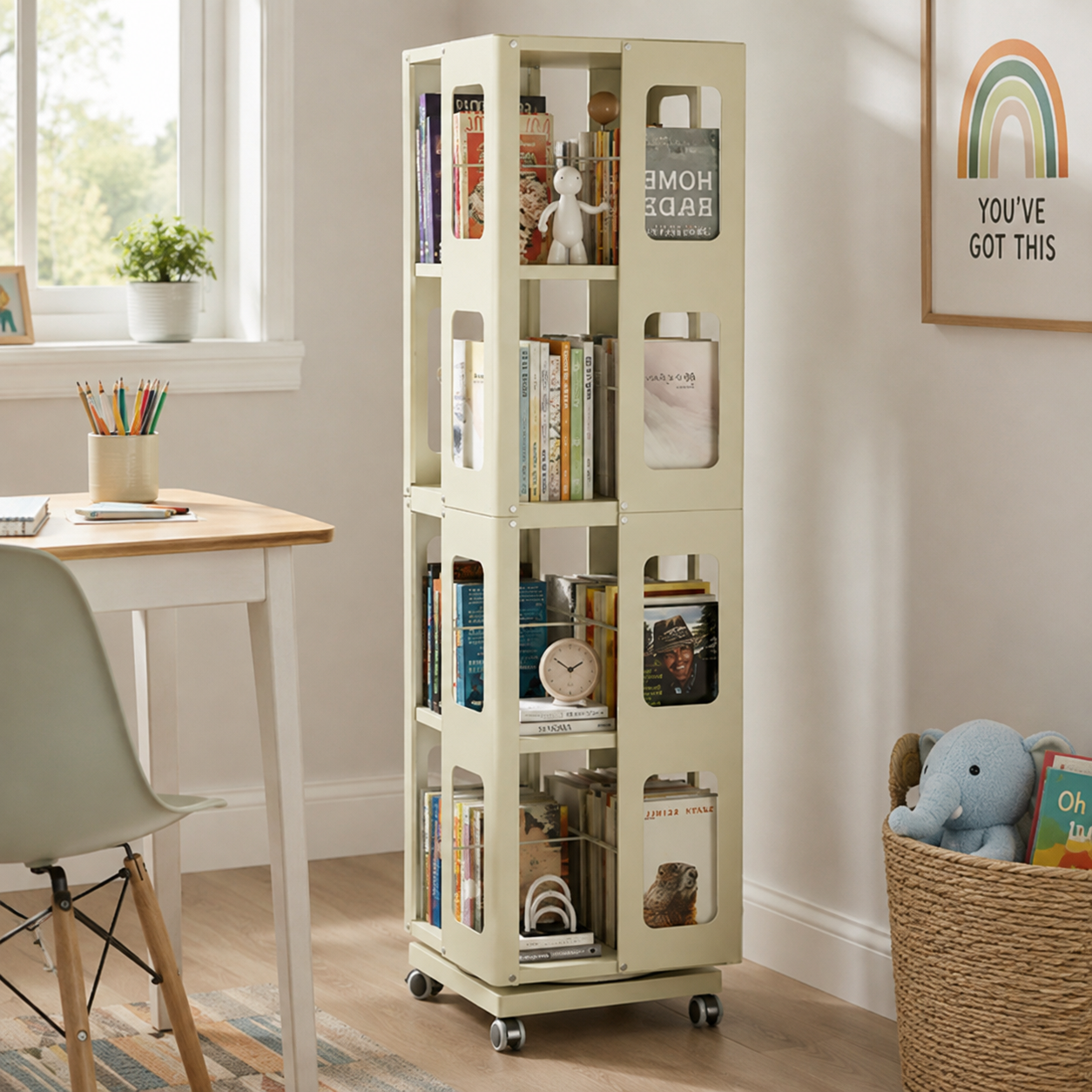 Kernel yellow rotating bookshelf showing books and decor beside a dining table in a bright room