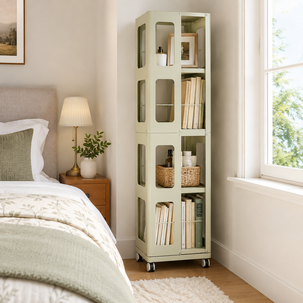 Kernel yellow rotating bookshelf showing compact four-tier storage beside a bed and window