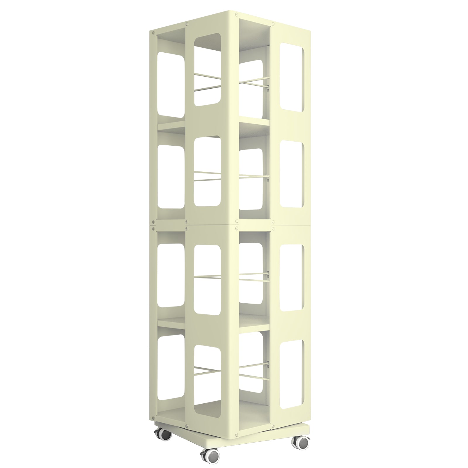 Kernel yellow rotating bookshelf showing an angled view of the empty four-tier steel frame