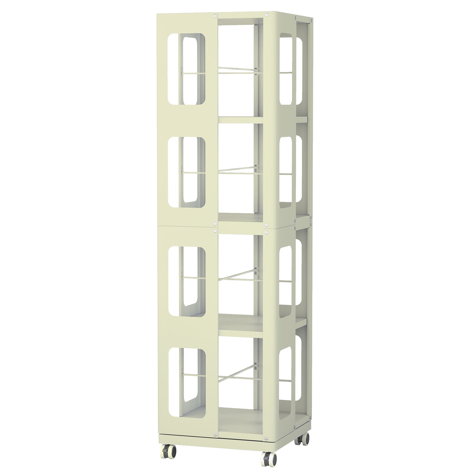 Kernel yellow rotating bookshelf showing the empty four-tier frame from a front view