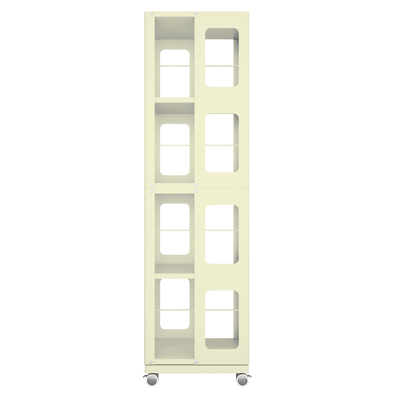 Kernel yellow rotating bookshelf showing the narrow side profile with open compartments and wheels
