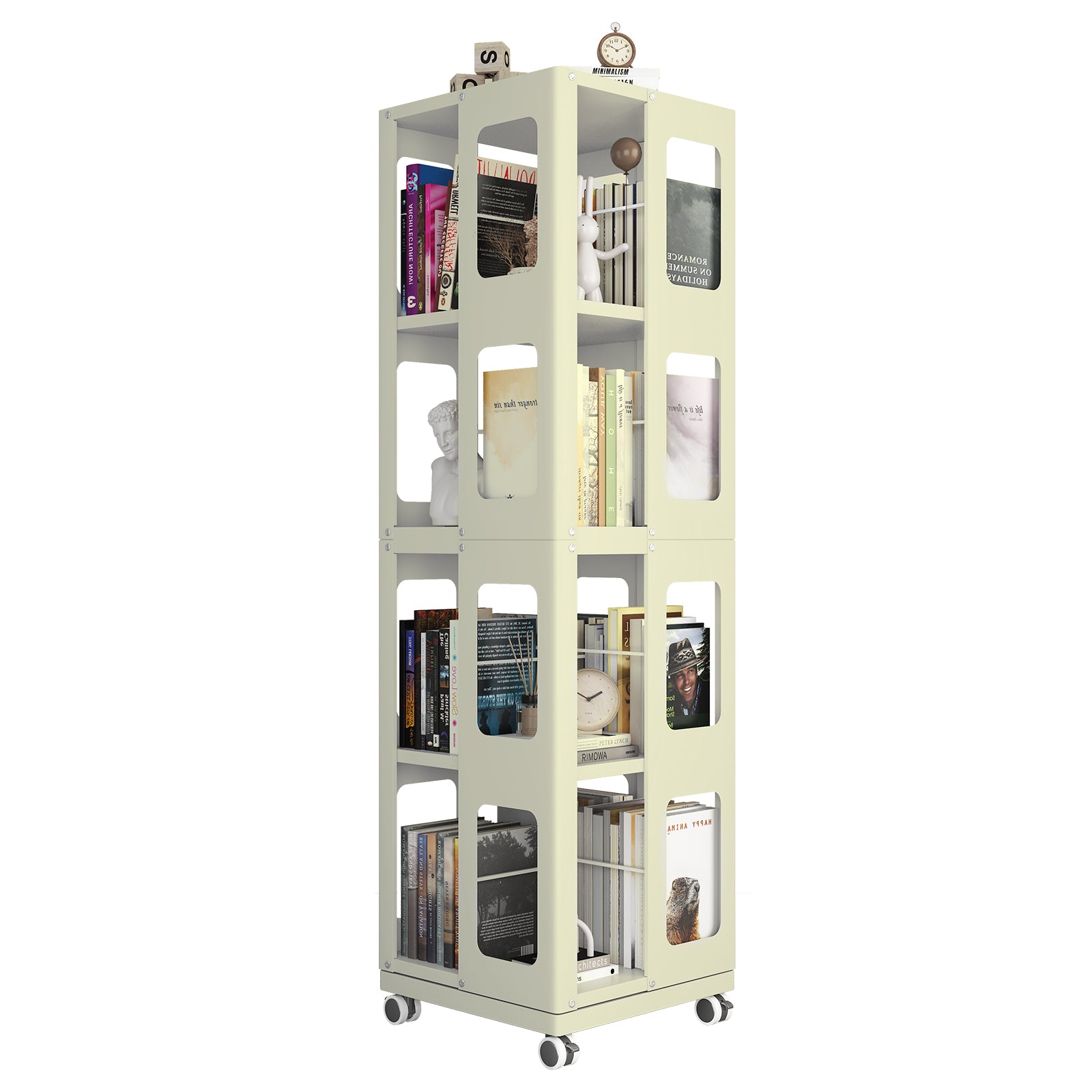 Kernel yellow rotating bookshelf showing an angled four-sided display filled with books and decor
