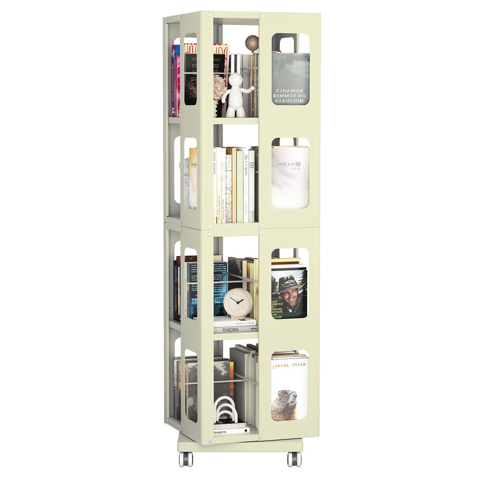 Kernel yellow rotating bookshelf showing a fully arranged vertical book display on caster wheels