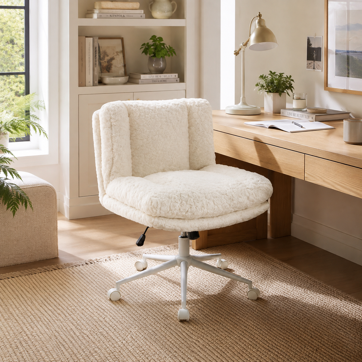 Kinna cream wide seat faux fur criss cross office chair in a bright home office