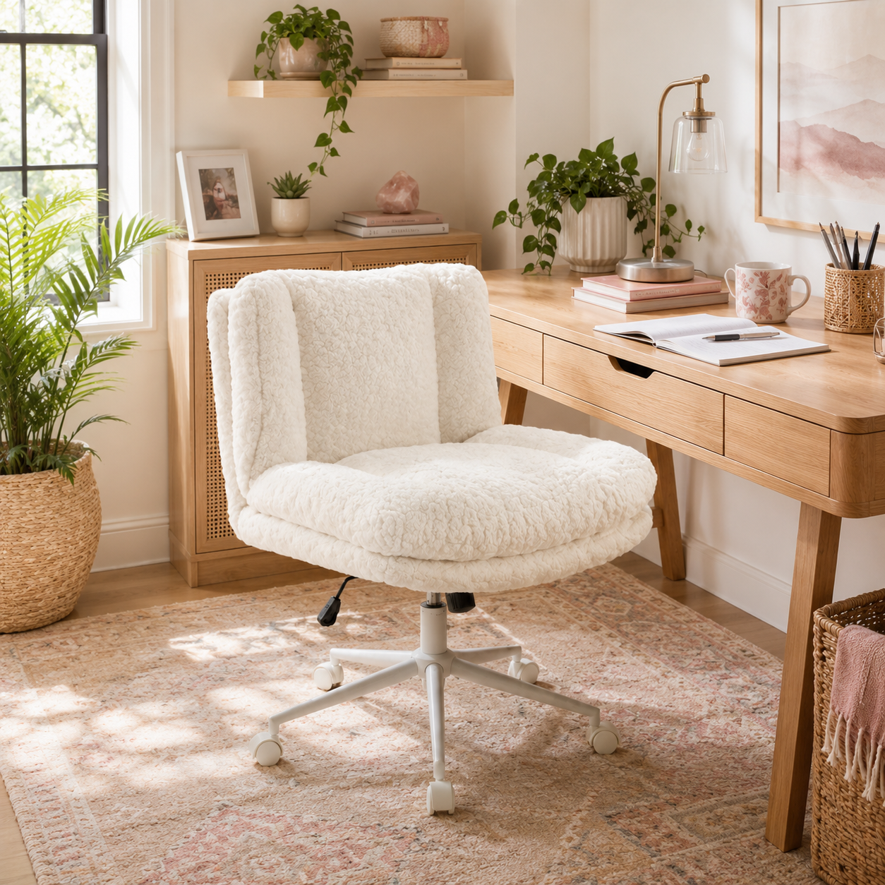 Kinna cream faux fur office chair beside a desk in a cozy workspace