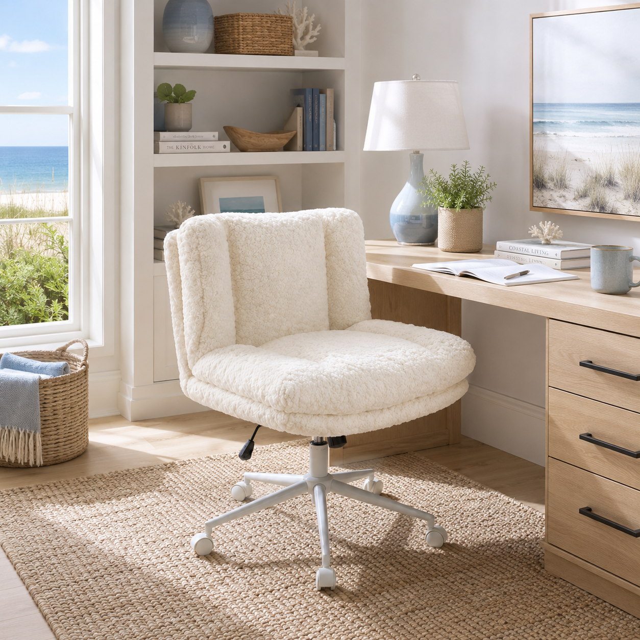 Kinna cream wide seat office chair in a warm room with wood furniture