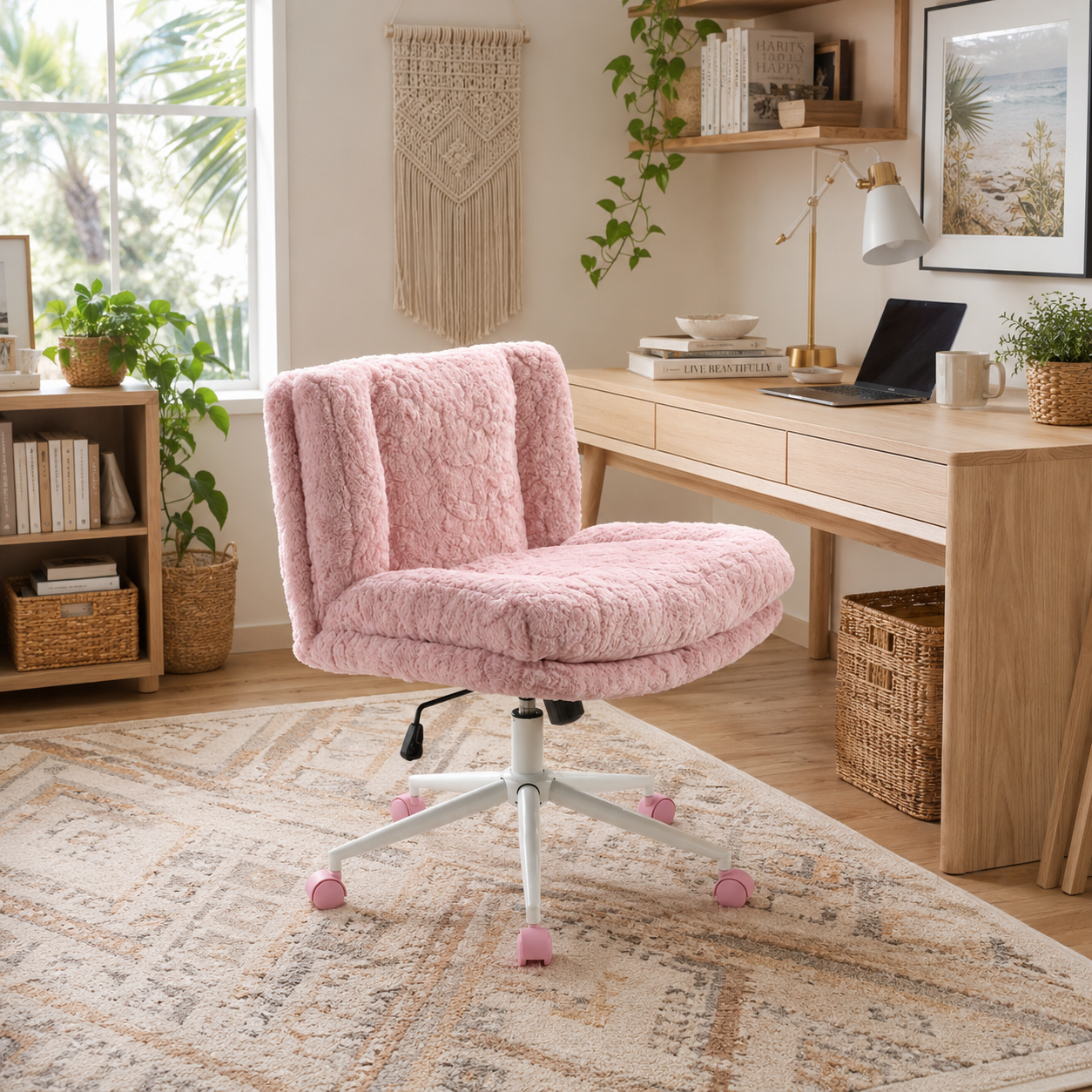 Kinna pink wide seat faux fur criss cross office chair in a bright home office