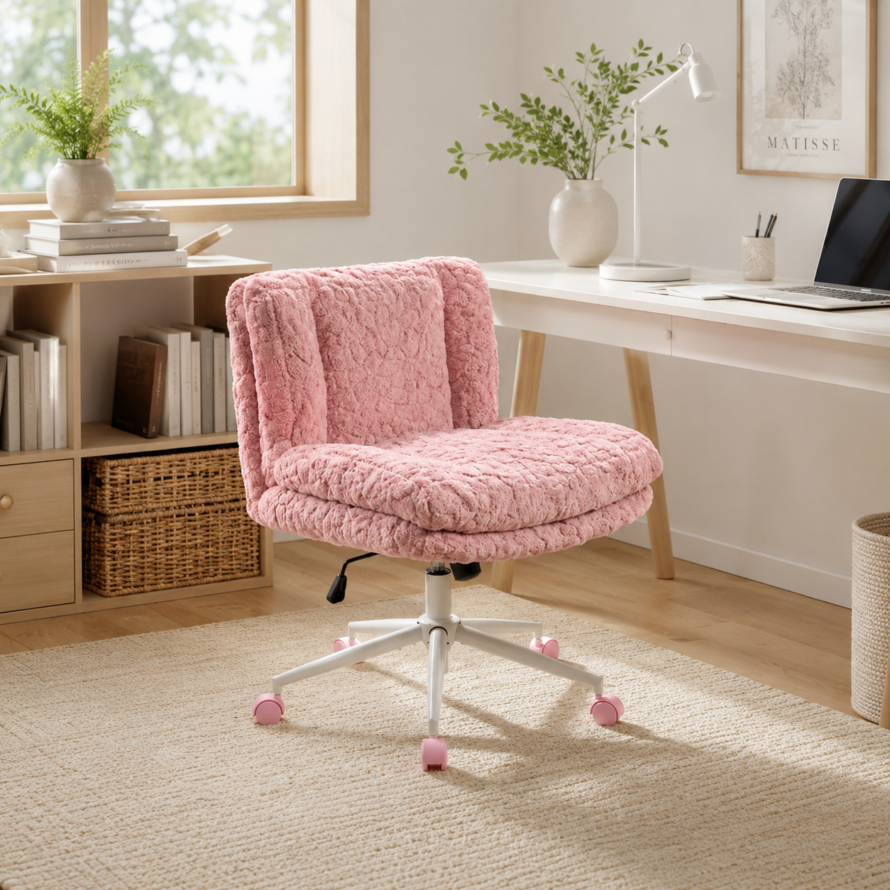 Kinna pink wide seat office chair in a soft-toned bedroom office setting