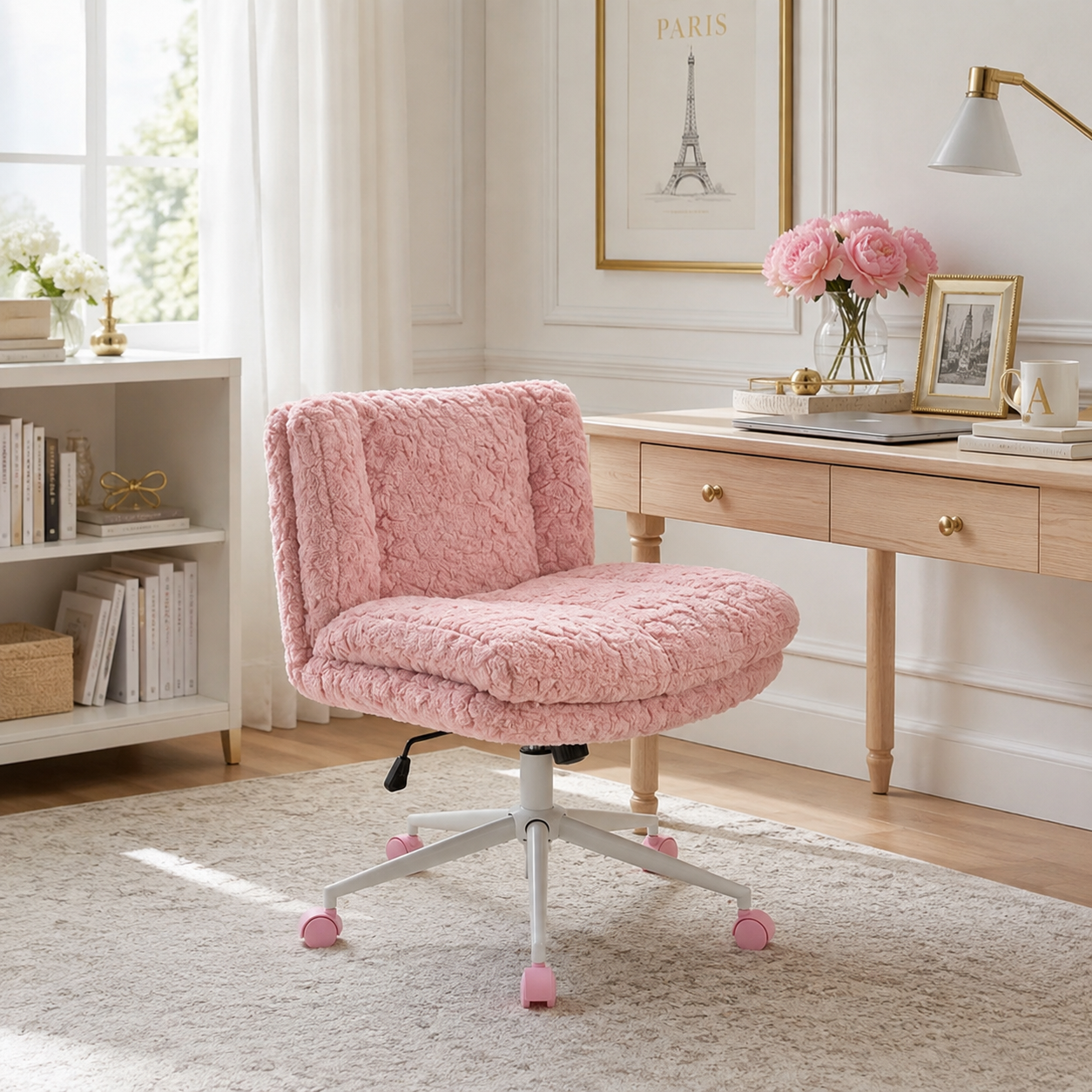 Kinna pink criss cross office chair in a warm room with natural light