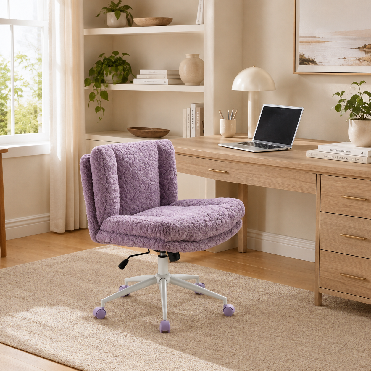 Kinna purple faux fur office chair beside a desk in a cozy workspace