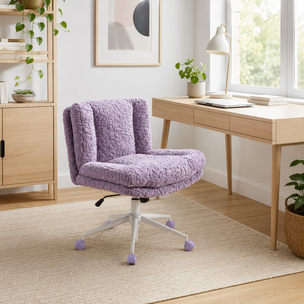 Kinna purple wide seat office chair in a warm room with wood shelving
