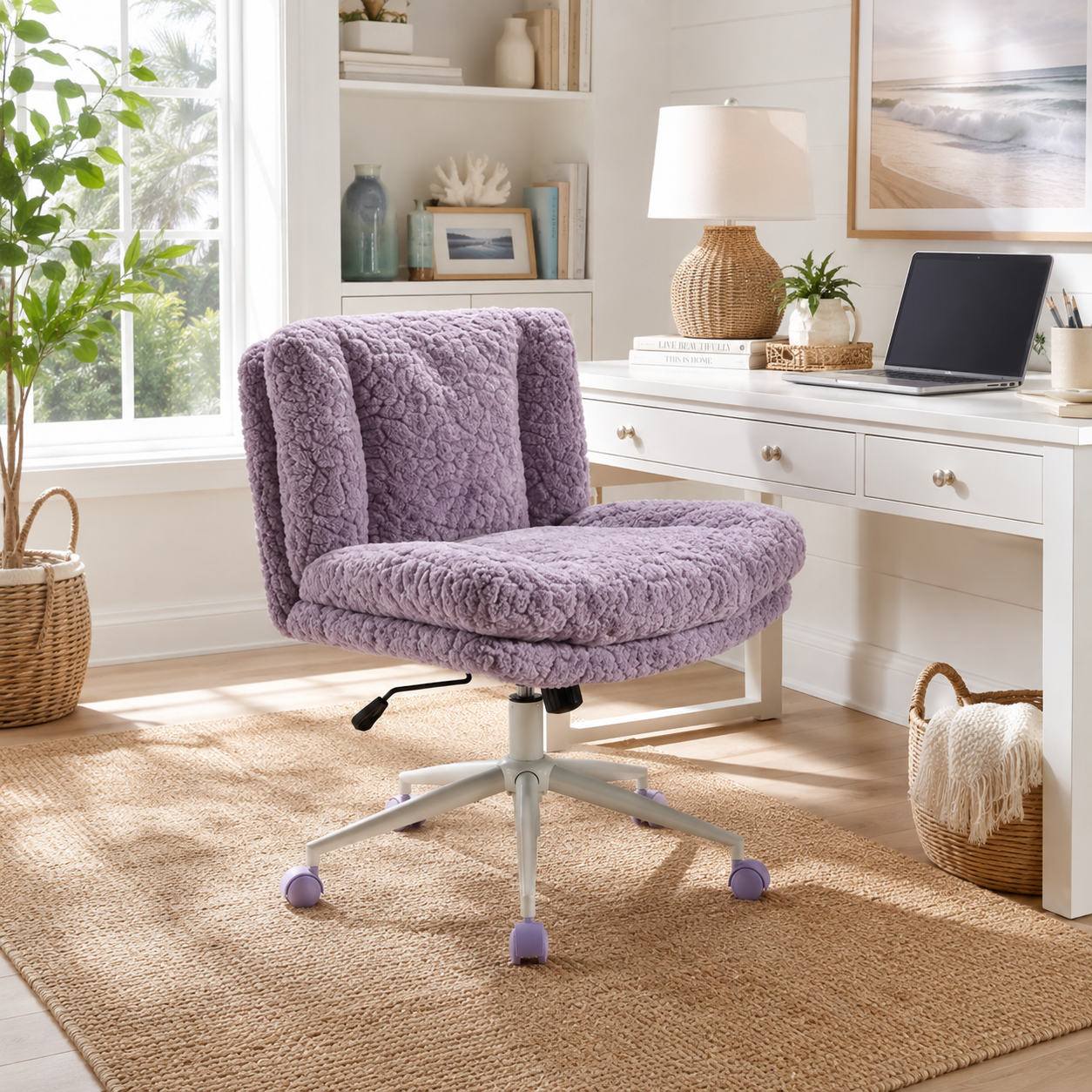 Kinna purple criss cross office chair in a soft contemporary home office