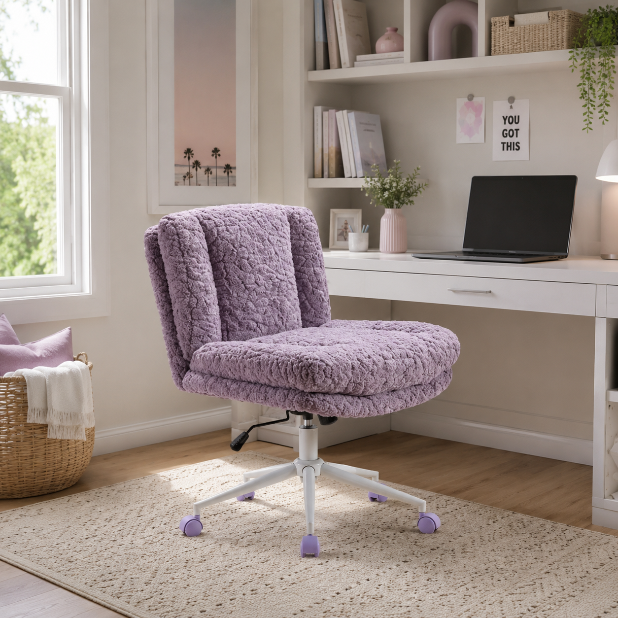 Kinna purple criss cross office chair in a soft contemporary home office