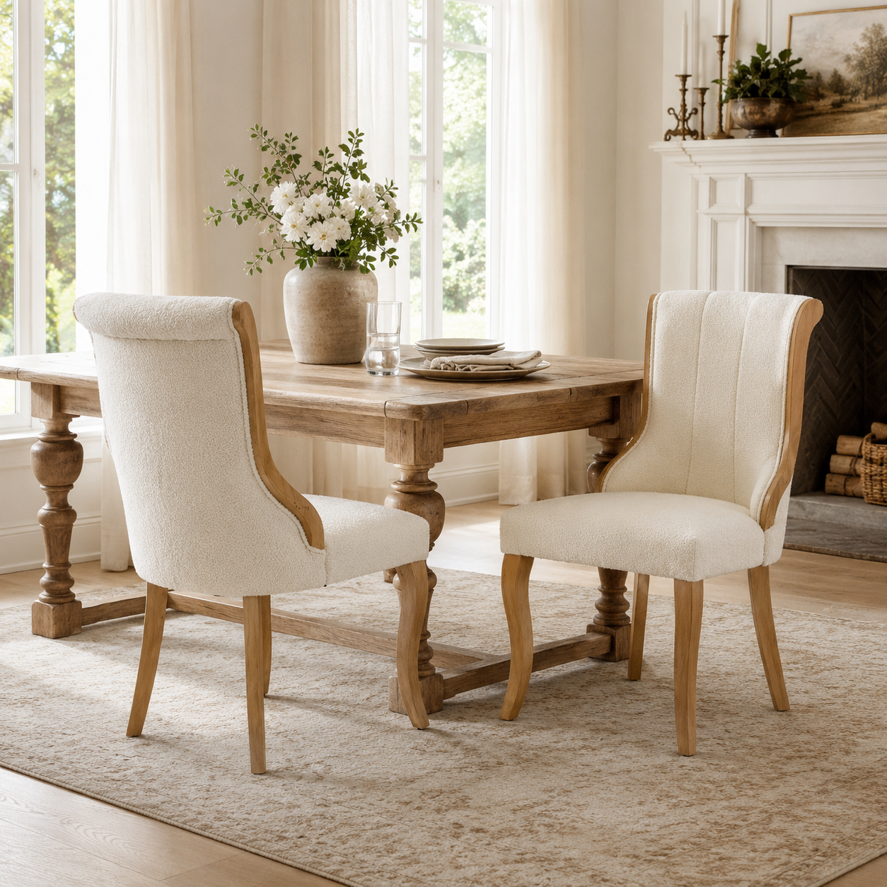 Kivu Wingback Boucle Upholstered Dining Chairs with Cabriole Legs Set of 2