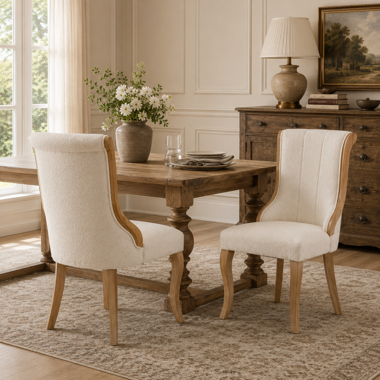 Kivu Wingback Boucle Upholstered Dining Chairs with Cabriole Legs Set of 2