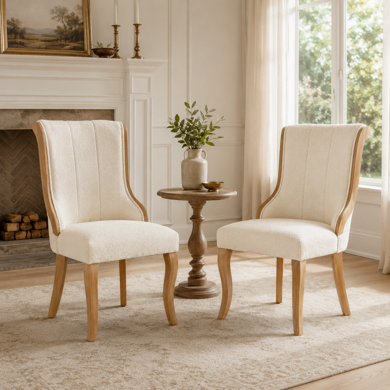 Kivu Wingback Boucle Upholstered Dining Chairs with Cabriole Legs Set of 2