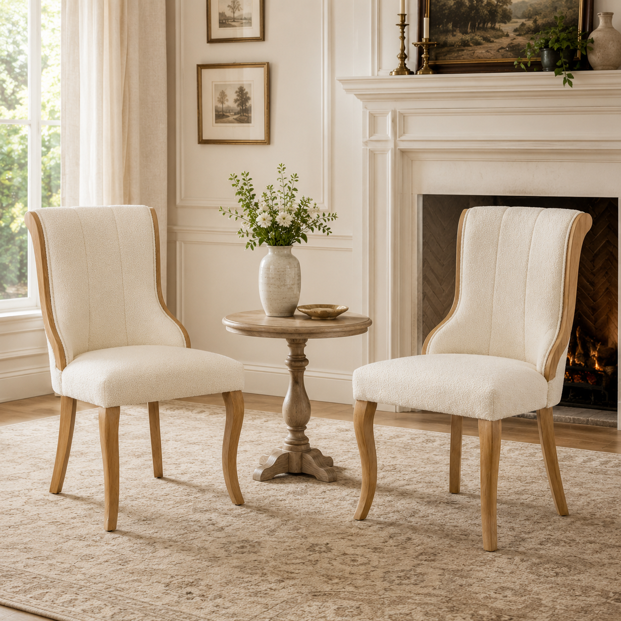 Kivu Wingback Boucle Upholstered Dining Chairs with Cabriole Legs Set of 2