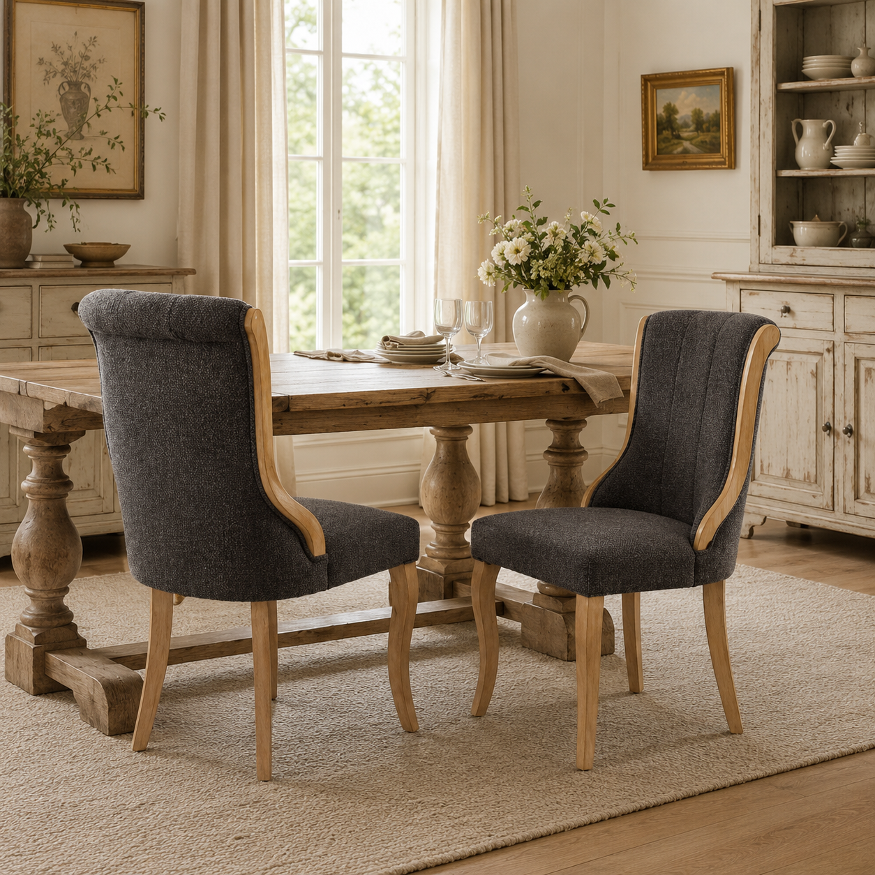 Kivu Wingback Boucle Upholstered Dining Chairs with Cabriole Legs Set of 2