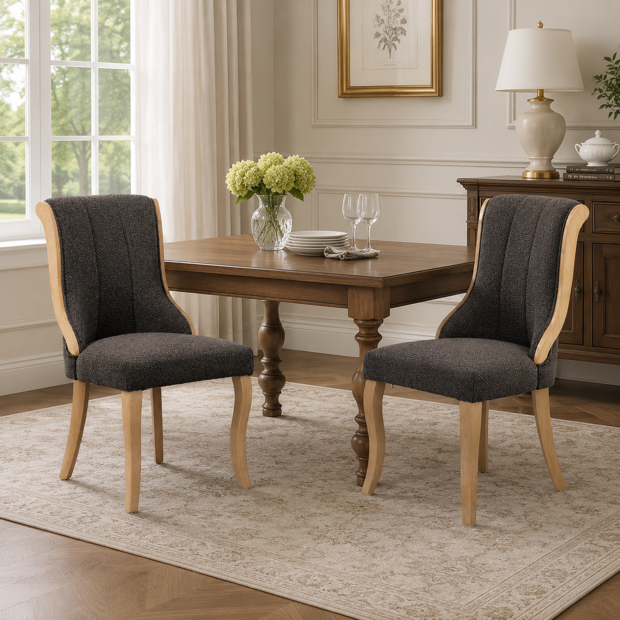 Kivu Wingback Boucle Upholstered Dining Chairs with Cabriole Legs Set of 2