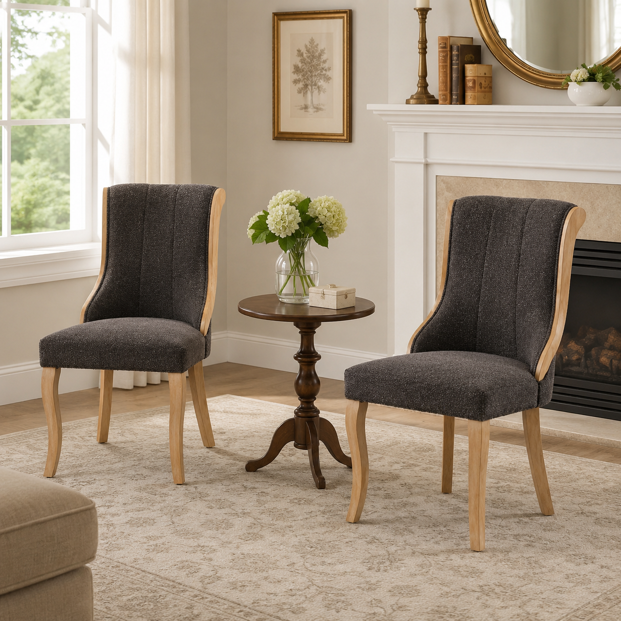 Kivu Wingback Boucle Upholstered Dining Chairs with Cabriole Legs Set of 2
