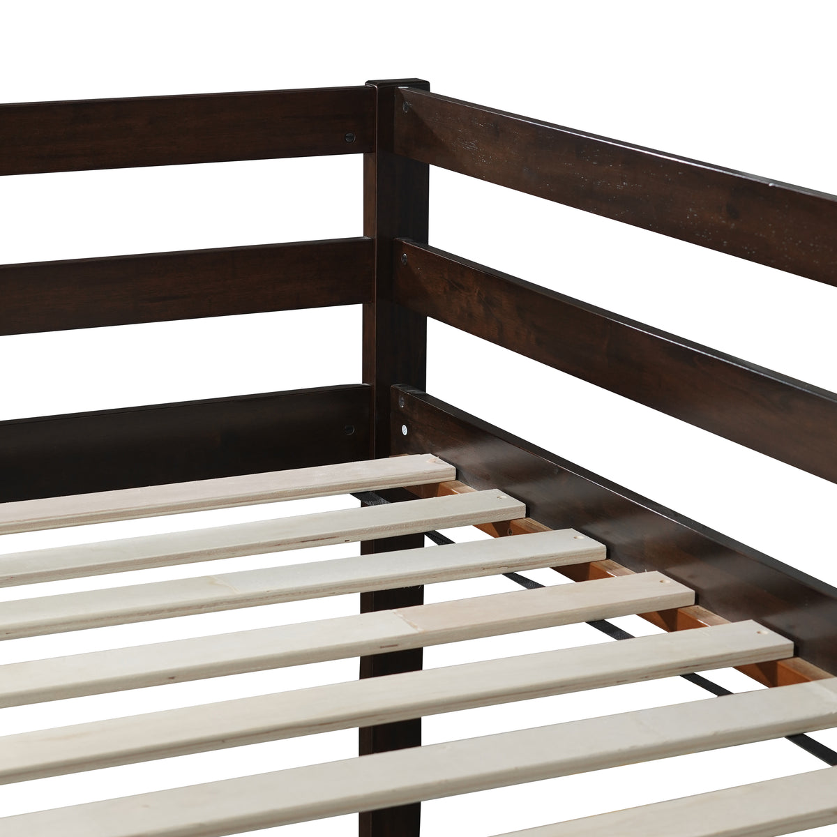 Korlis espresso bunk bed showing guardrail and wood slat support detail