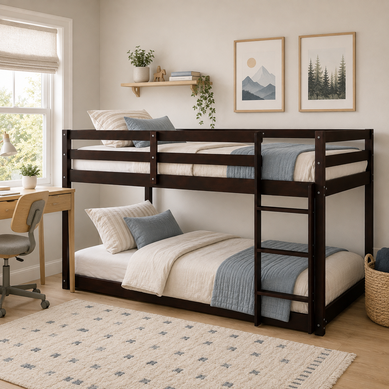 Korlis espresso twin over twin floor bunk bed in a bedroom with black bedding