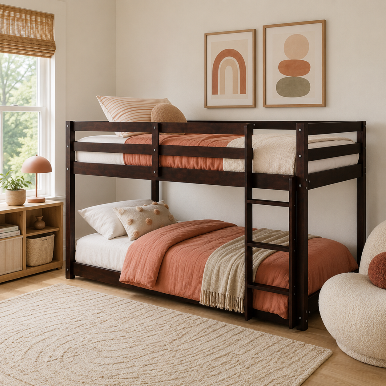 Korlis espresso twin over twin floor bunk bed with blush bedding in a cozy room