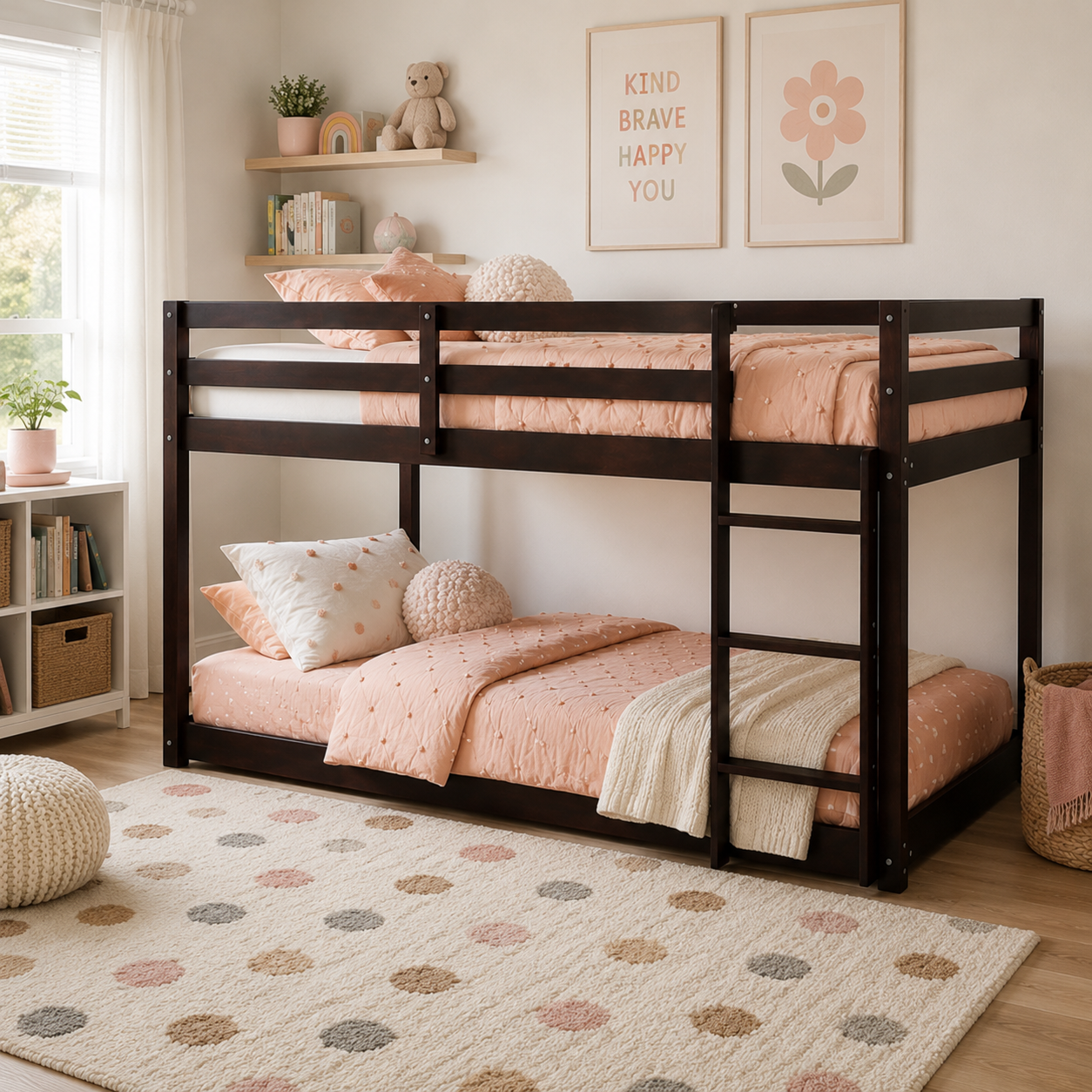 Korlis espresso twin over twin floor bunk bed in a bright bedroom with neutral decor