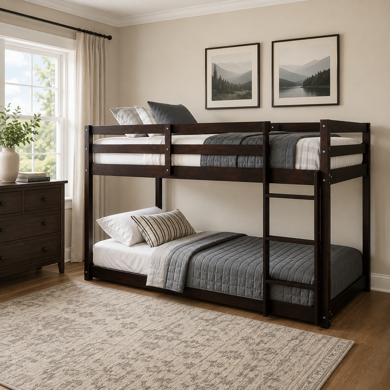 Korlis espresso twin over twin floor bunk bed in a bright bedroom with neutral decor