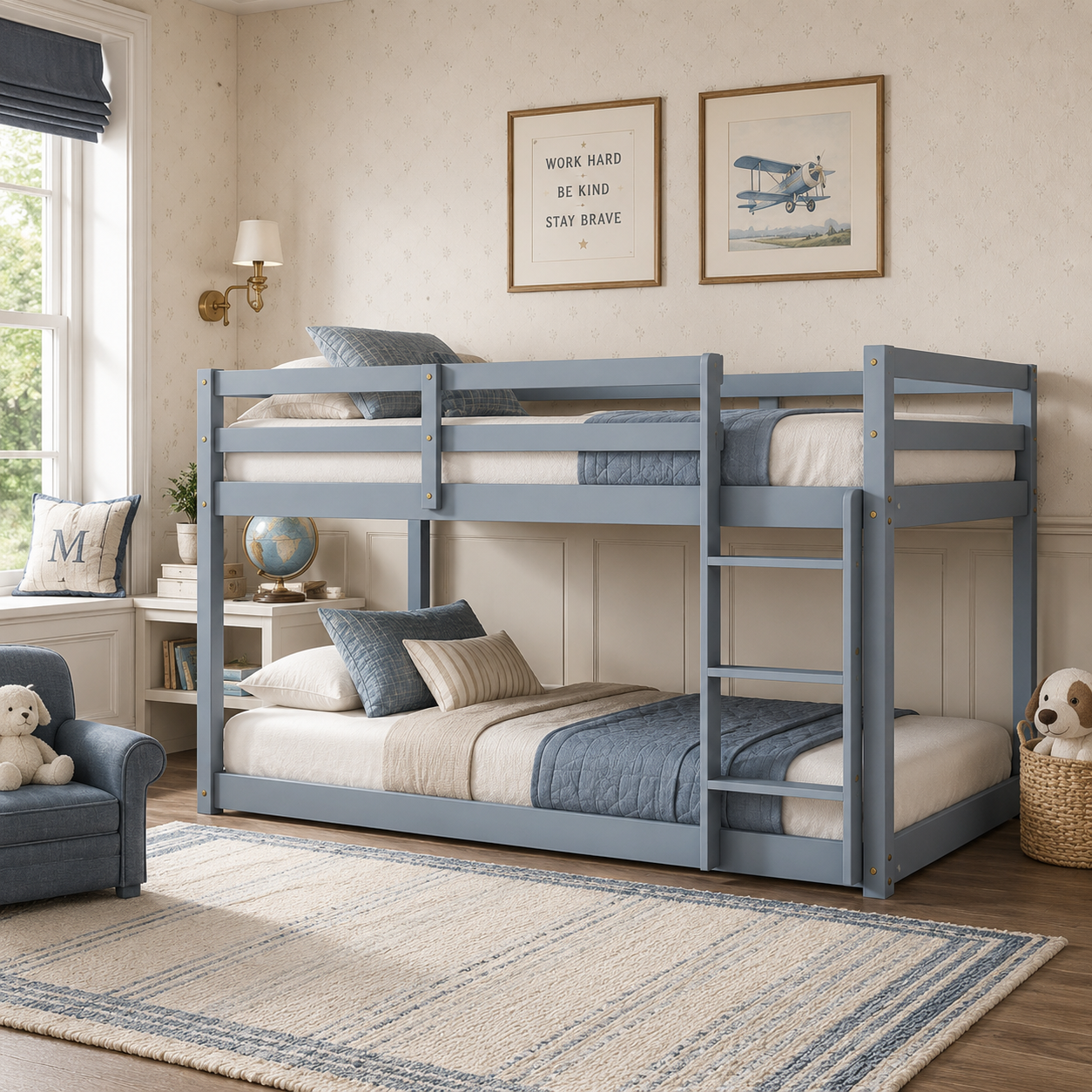 Korlis gray twin over twin floor bunk bed in a bright bedroom with star wall decor