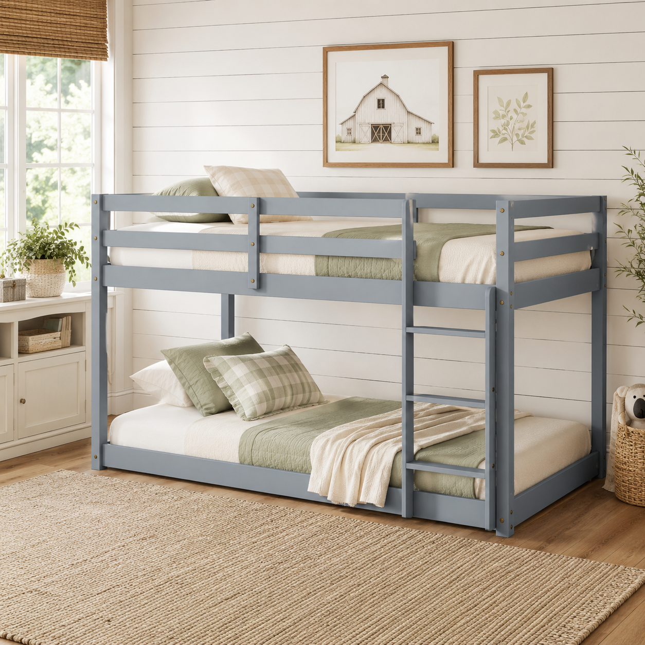 Korlis gray twin over twin floor bunk bed in a cozy bedroom with neutral bedding