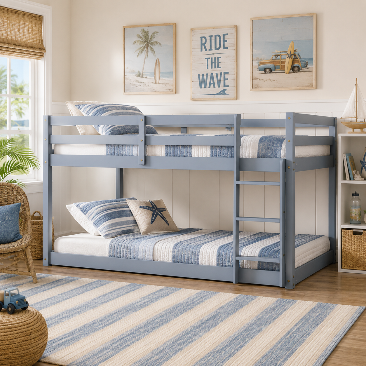 Korlis gray twin over twin floor bunk bed in a warm bedroom with beige bedding