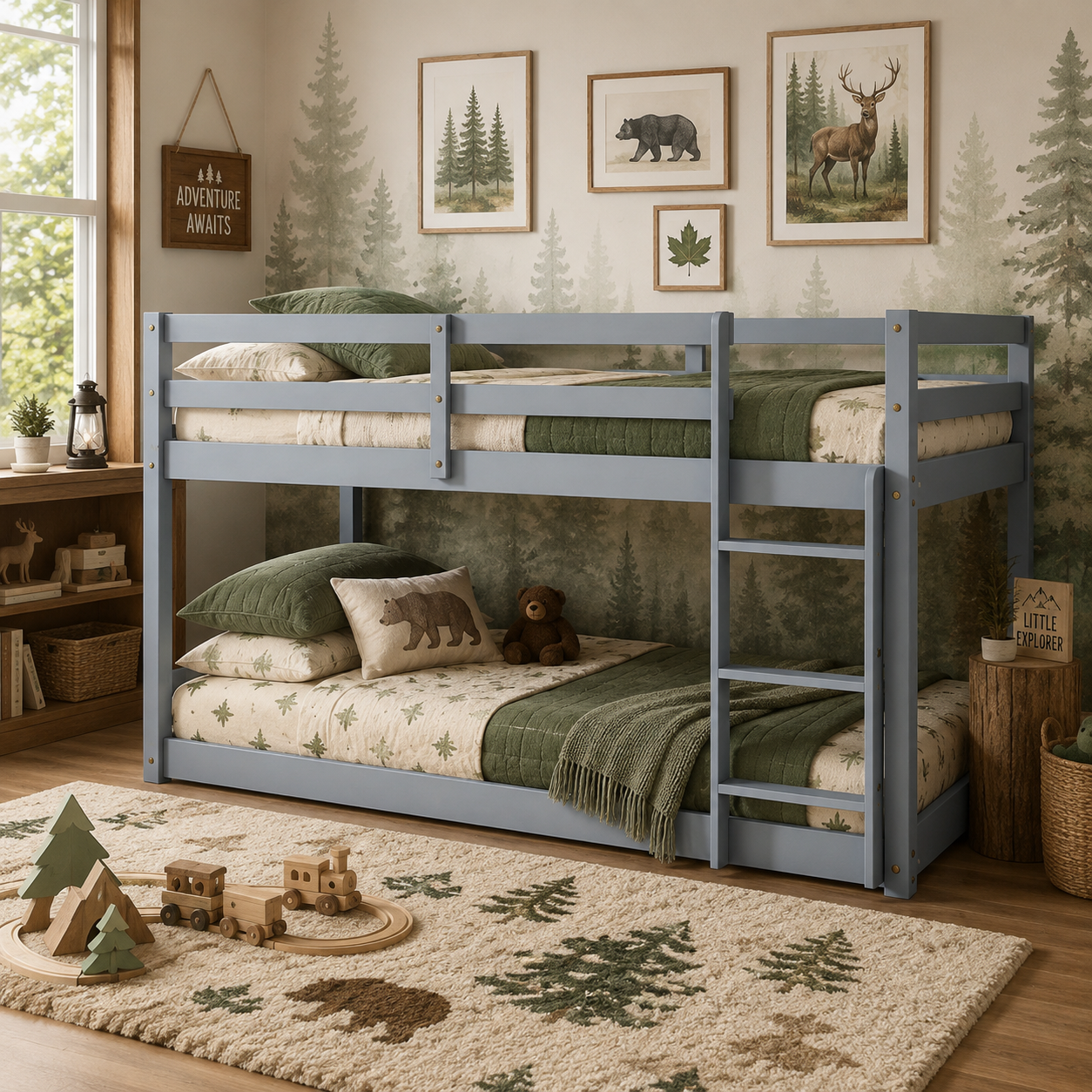 Korlis gray twin over twin floor bunk bed in a warm bedroom with beige bedding