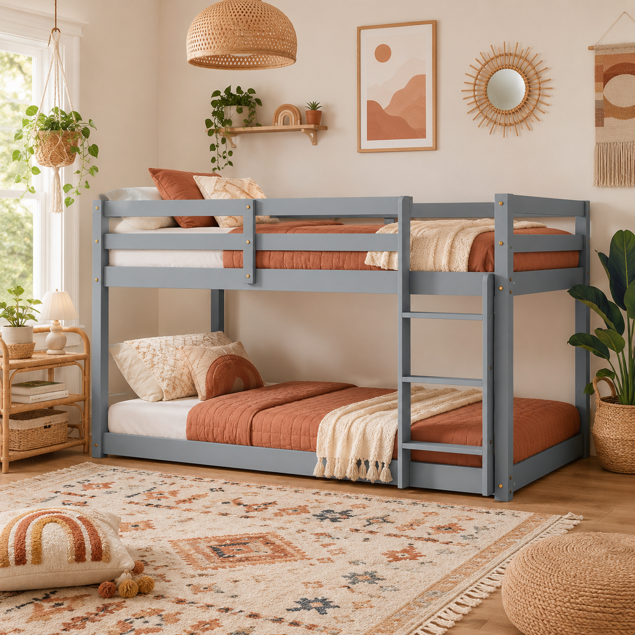 Korlis gray twin over twin floor bunk bed in a warm bedroom with beige bedding