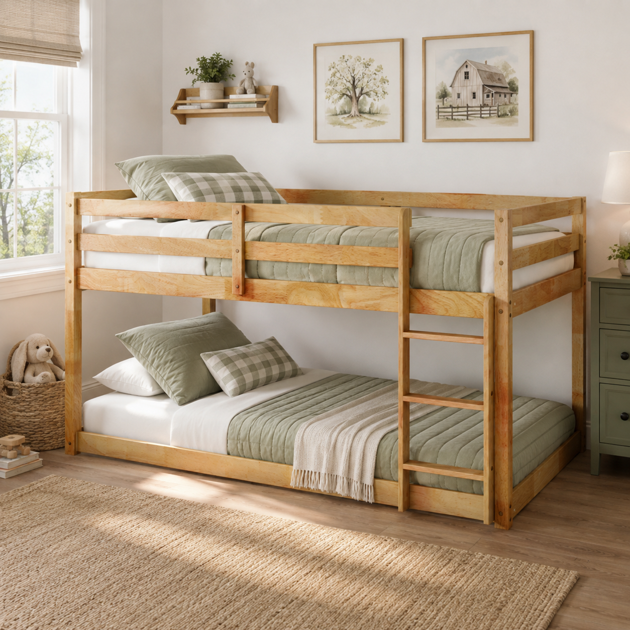 Korlis natural twin over twin floor bunk bed in a sunlit bedroom with green bedding