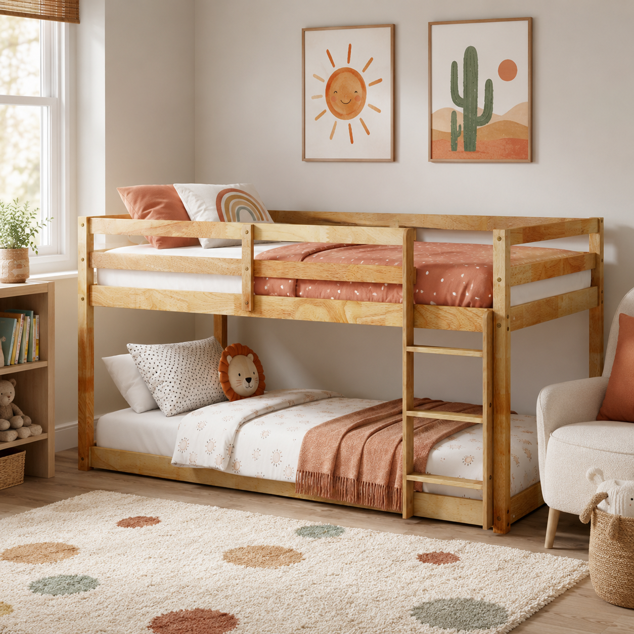 Korlis natural twin over twin floor bunk bed in a cozy bedroom with warm brown bedding