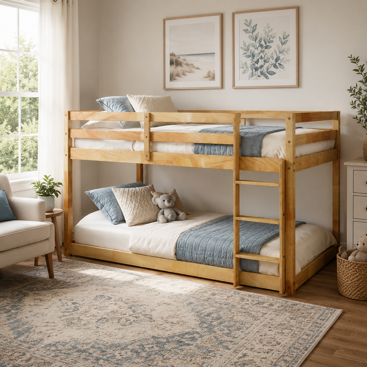 Korlis natural twin over twin floor bunk bed in a bright room with a patterned rug