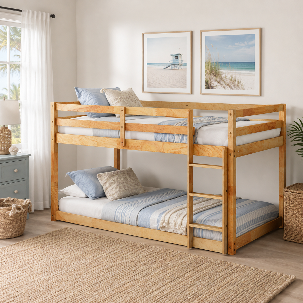 Korlis natural twin over twin floor bunk bed in a bright room with a patterned rug