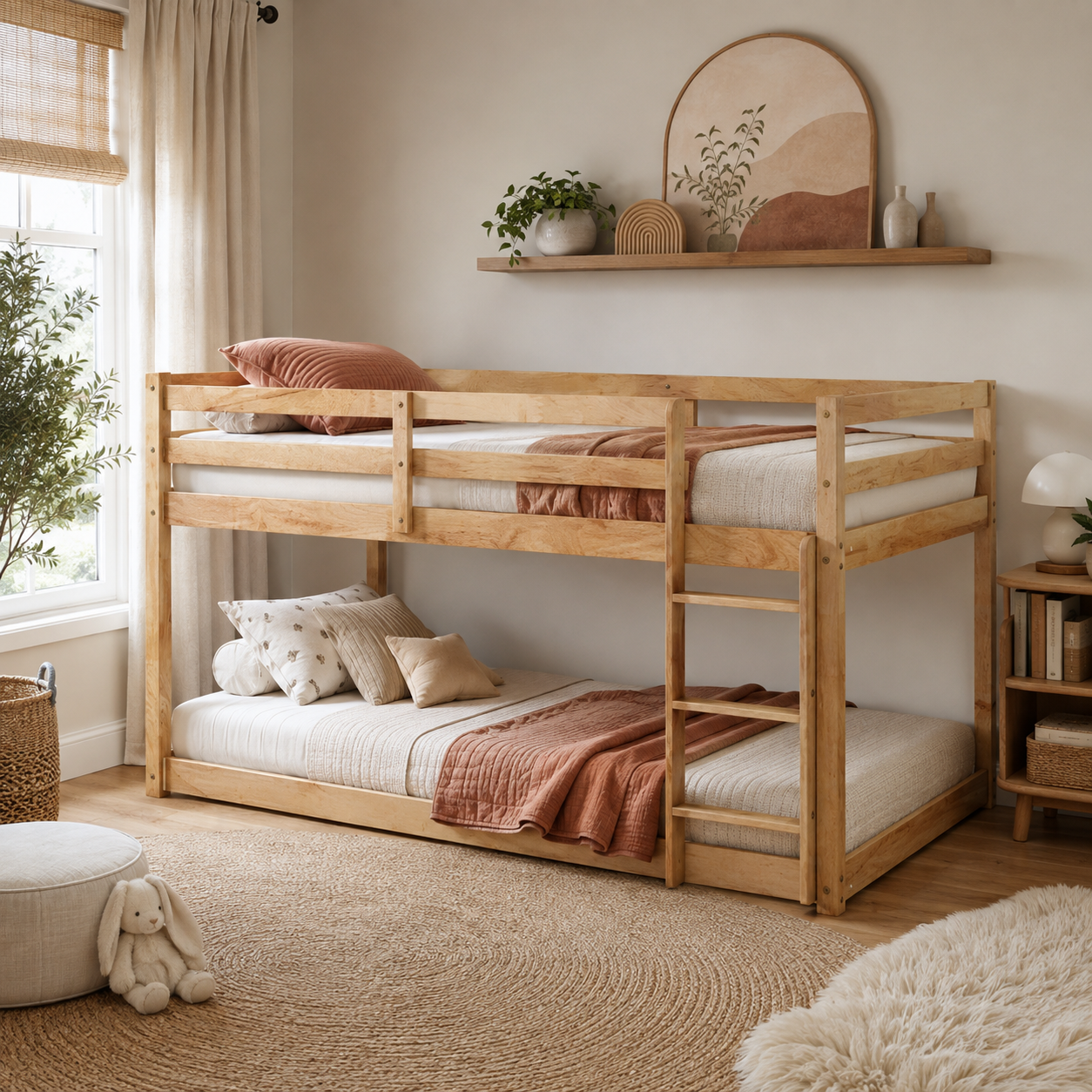 Korlis natural twin over twin floor bunk bed in a bright room with a patterned rug