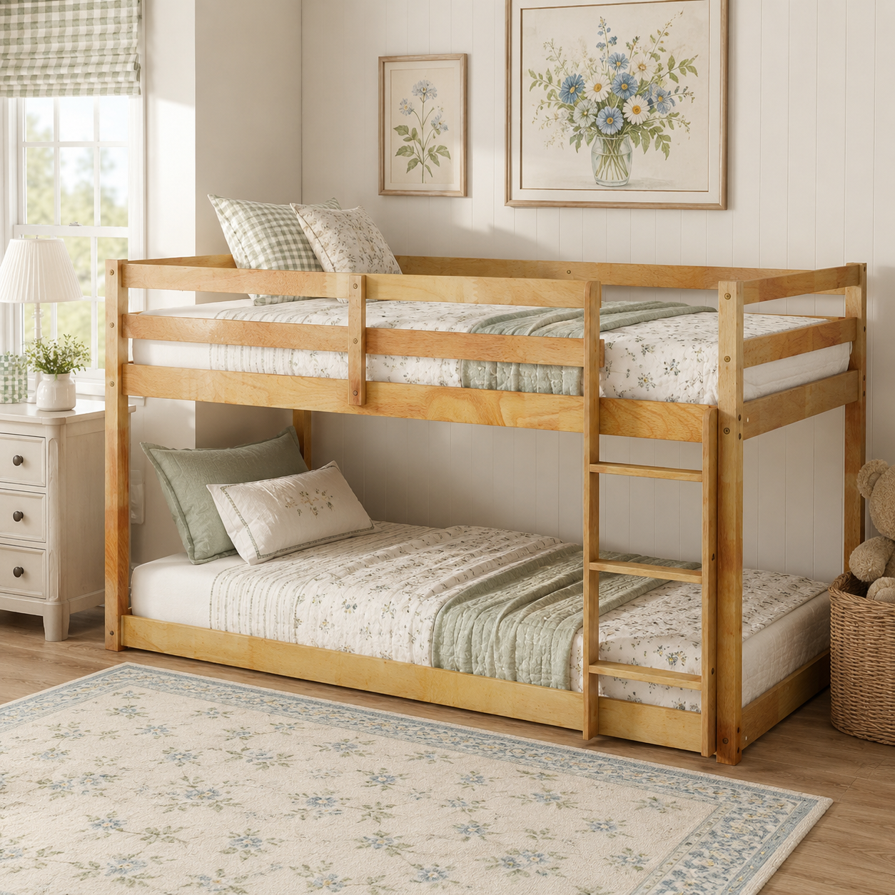 Korlis natural twin over twin floor bunk bed in a bright room with a patterned rug