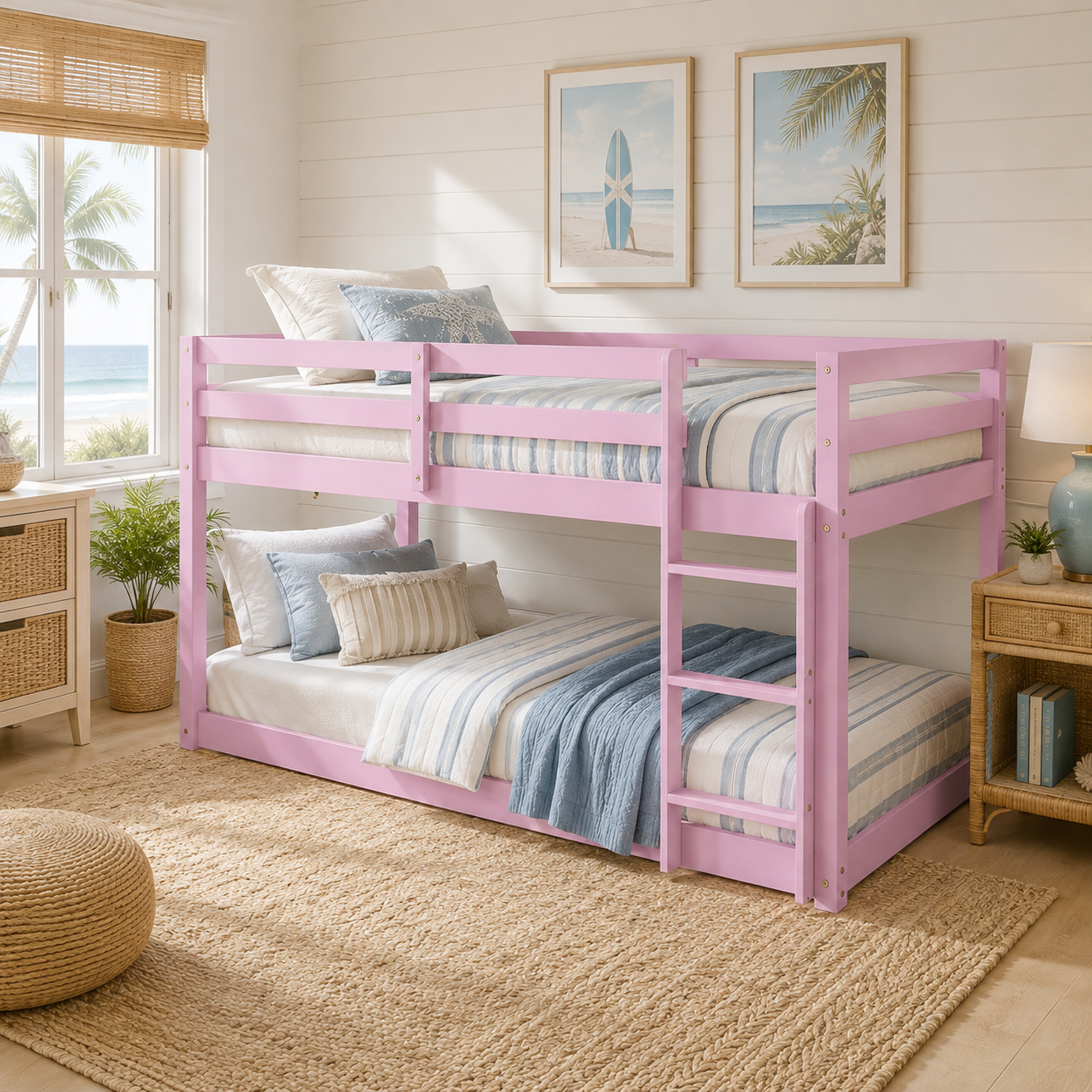 Korlis pink twin over twin floor bunk bed in a bright kids bedroom