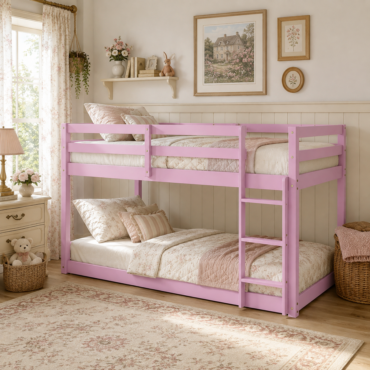 Korlis pink twin over twin floor bunk bed with pastel bedding in a cozy room
