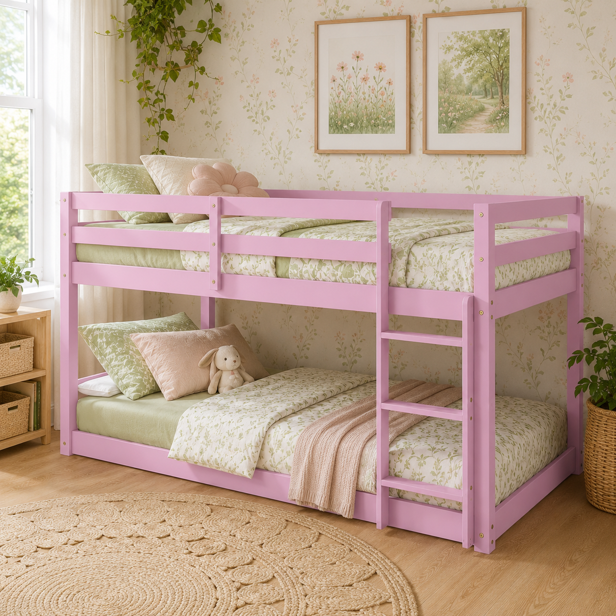 Korlis pink twin over twin floor bunk bed in a playful bedroom setting