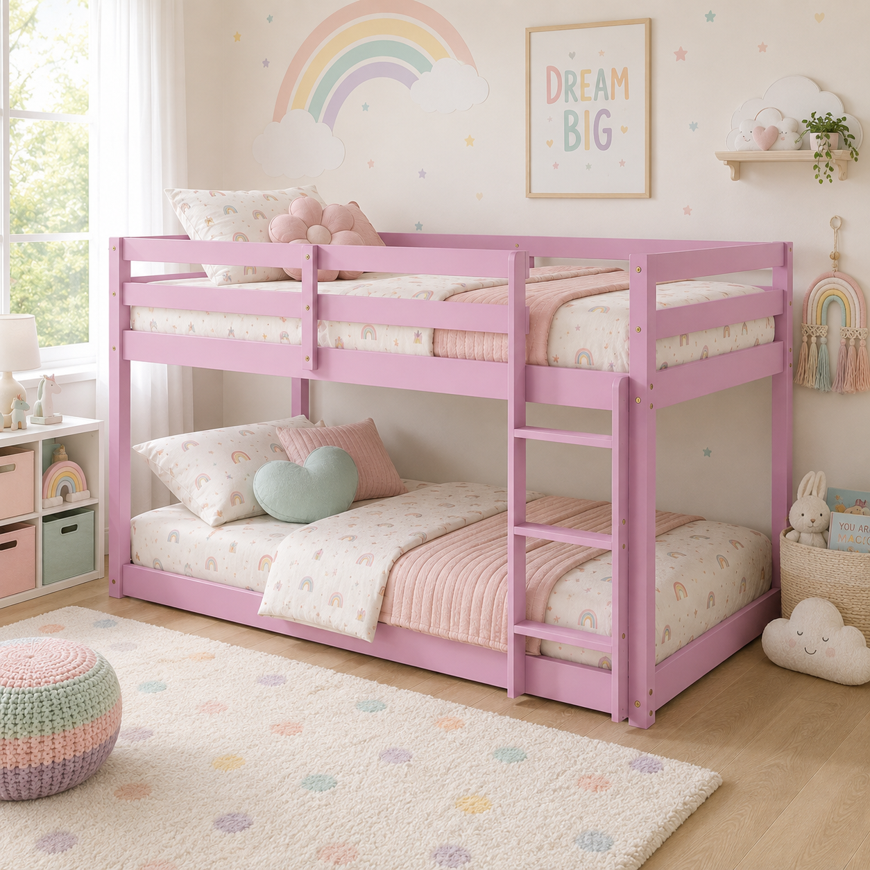 Korlis pink twin over twin floor bunk bed in a playful bedroom setting
