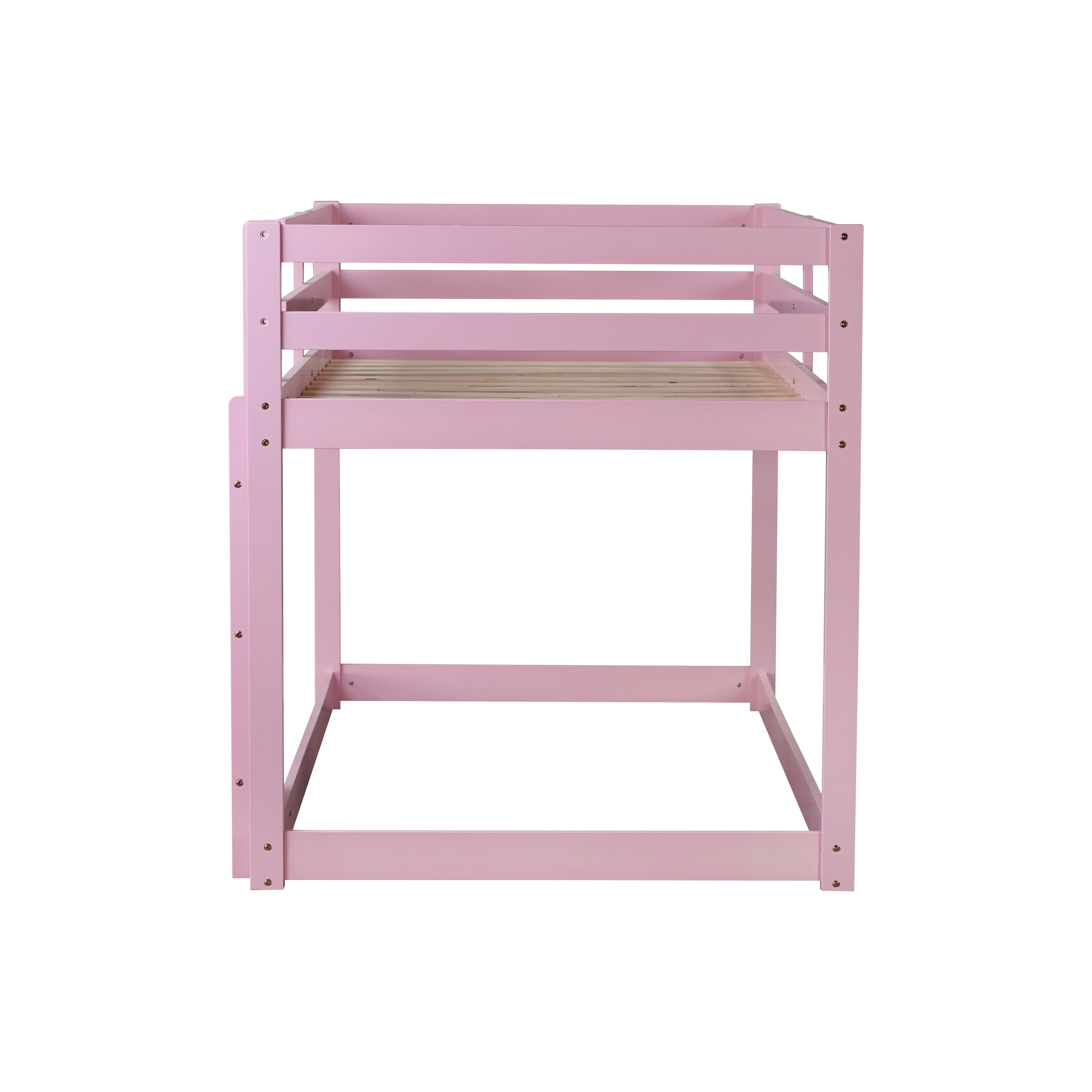 Korlis pink twin over twin floor bunk bed side view on white background