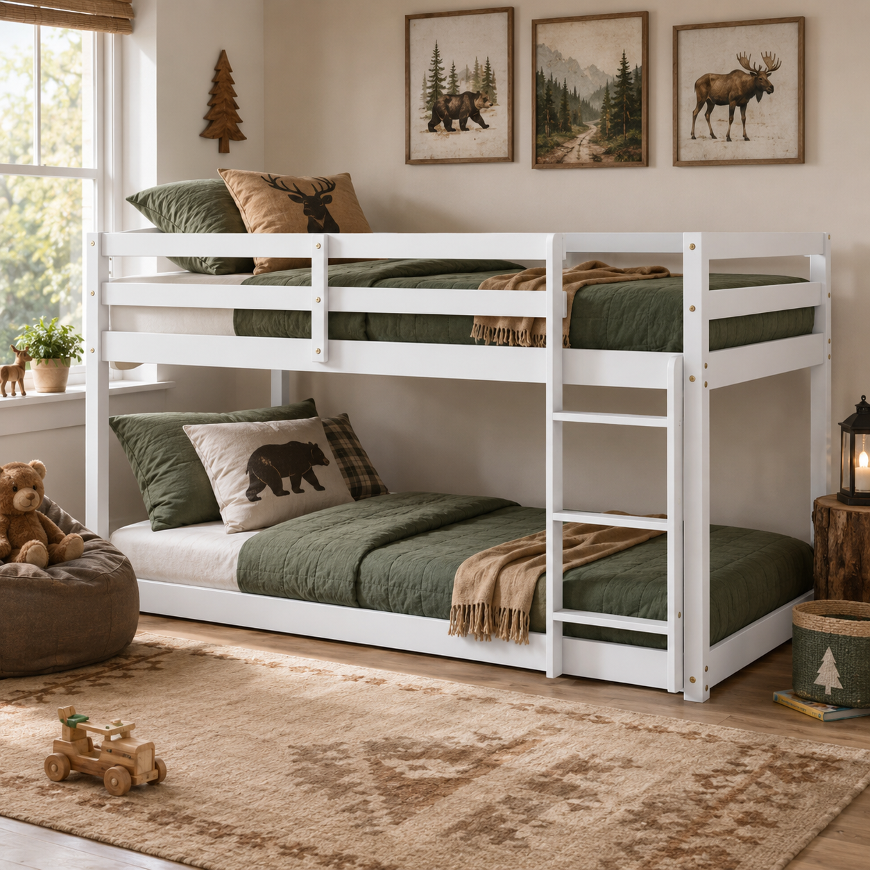 Korlis white twin over twin floor bunk bed in a bright bedroom with soft neutral bedding